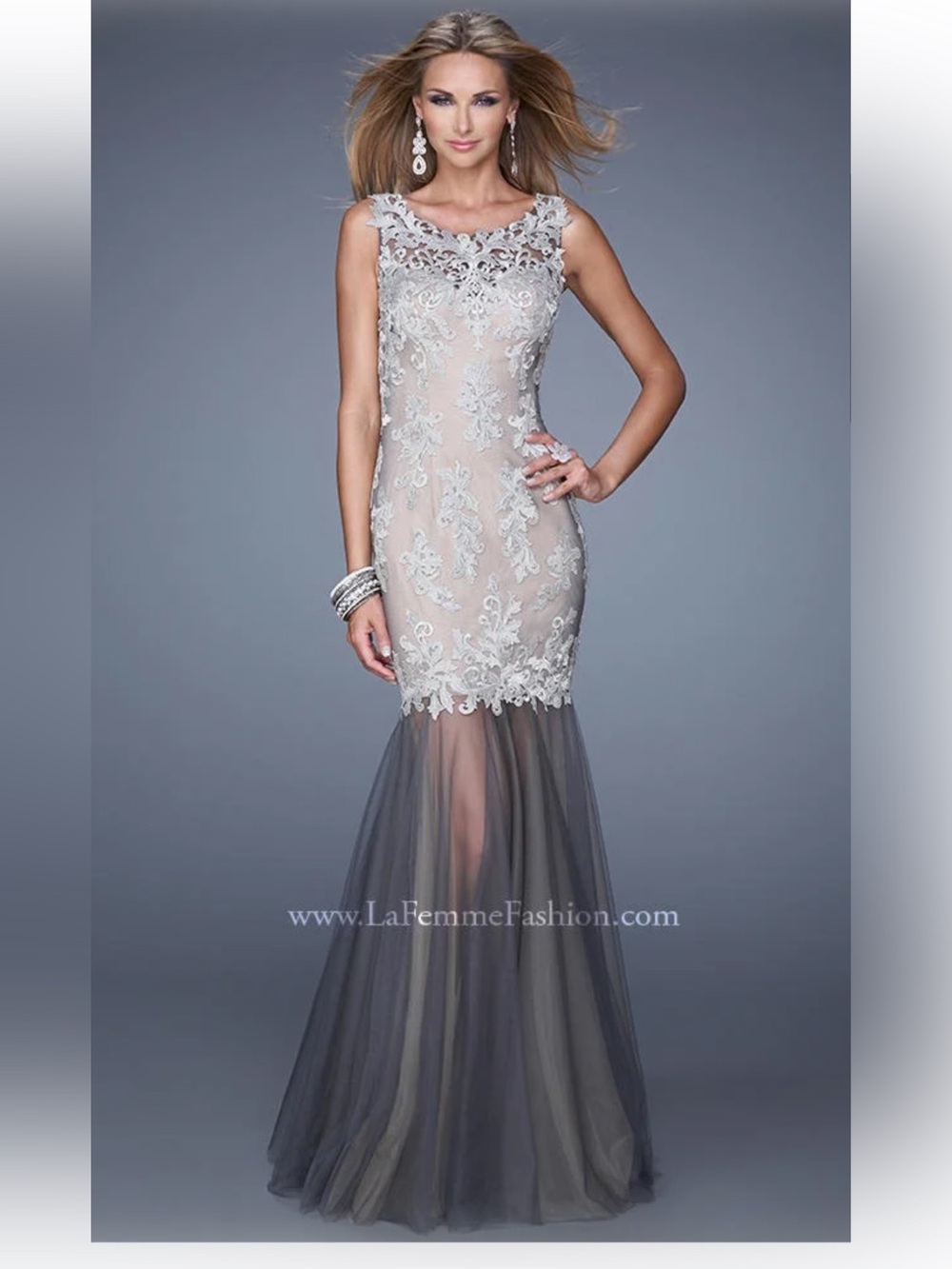 La Femme Ivory Nude Lace Illusion Charcoal Gray Tulle Mermaid Formal Prom Gown